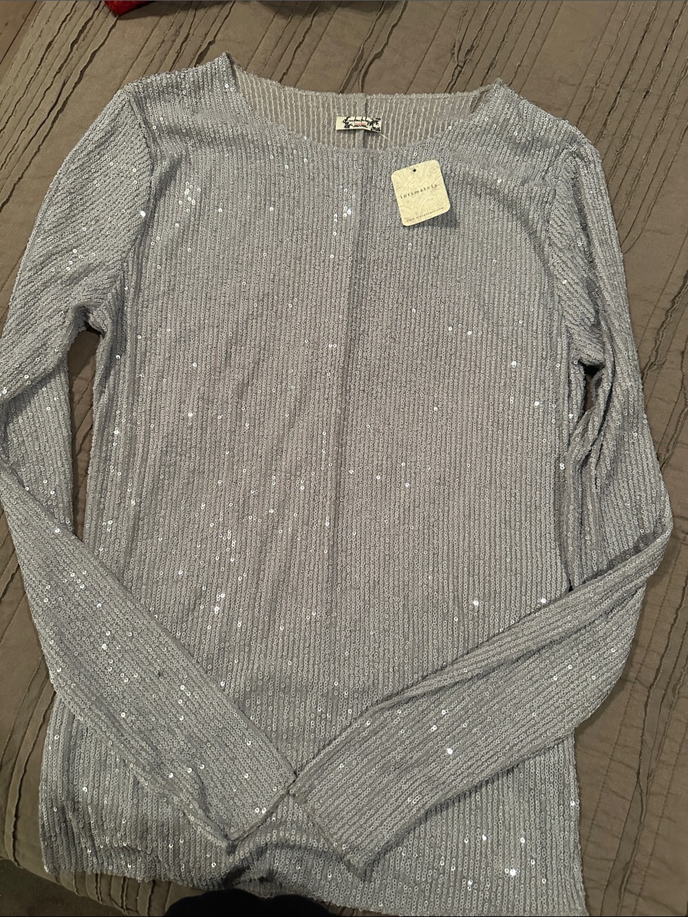 Free People Light Gray Sequin Ribbed Long-Sleeve Top